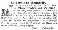 Anzeige aus dem Schweinfurter Tagblatt vom 18.09.1863. Bereits damals wurde ein "Vogelschießen" im Garten des Heilbades Sennfeld veranstaltet.