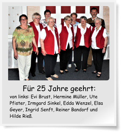 Für 25 Jahre geehrt: von links: Evi Brust, Hermine Müller, Ute Pfister, Irmgard Sinkel, Edda Wenzel, Elsa Geyer, Ingrid Senft, Reiner Bandorf und Hilde Rieß.